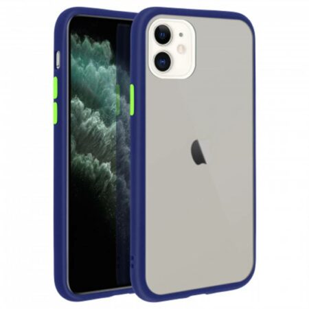coque-bumper-iphone-11-bicolore-bordures-bleues-boutons-vert-arriere-matte-translucide